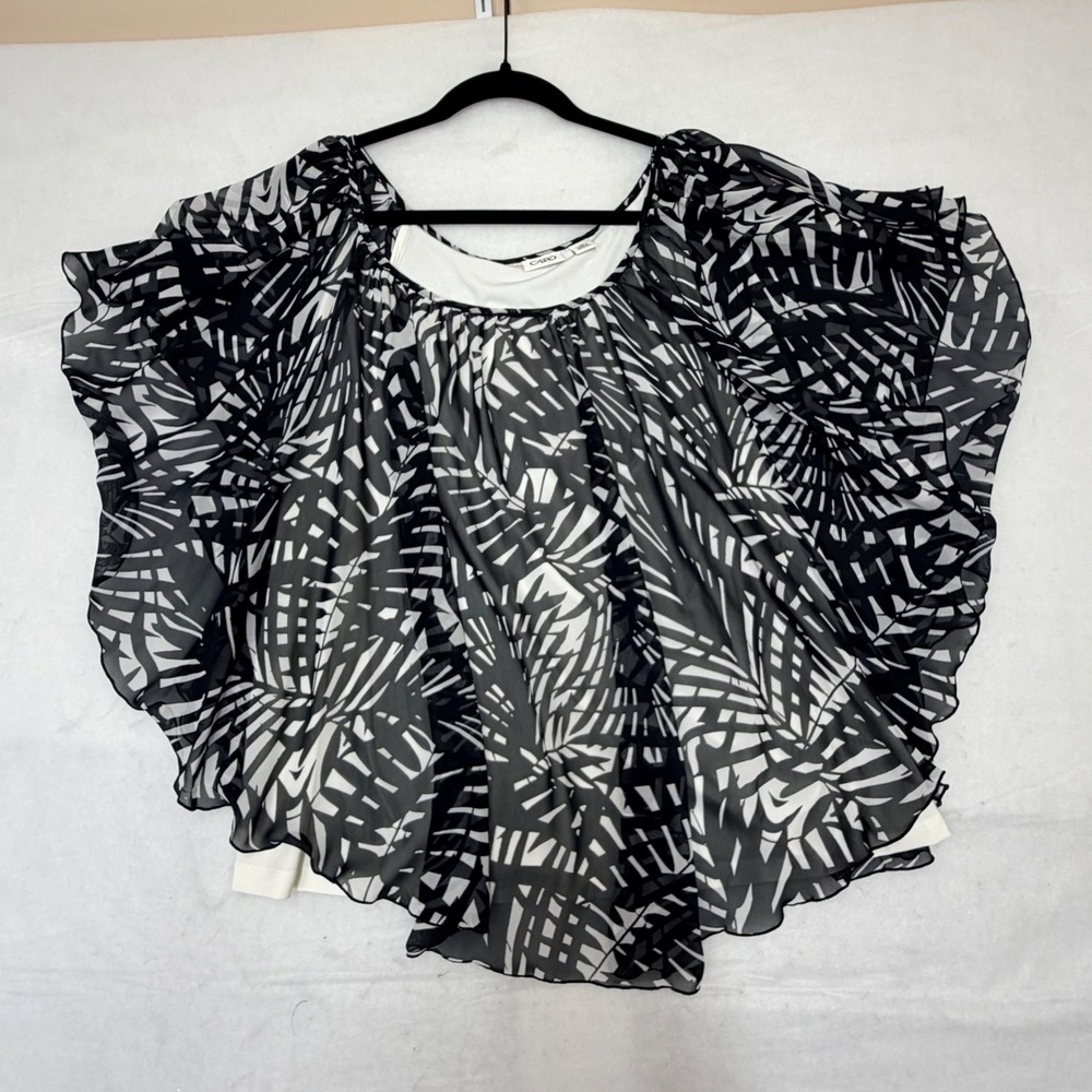 Cato Womens XL Black White‎ Abstract Palm Print Layered Chiffon Poncho Top
